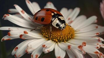 tuin bezoeker, Aziatisch dame kever Aan een mooi madeliefje ai gegenereerd foto