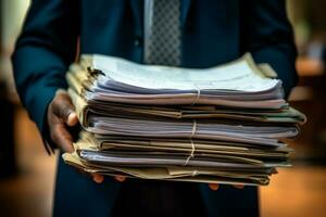 bedrijf Mens Holding een stack van documenten en op zoek zelfverzekerd. generatief ai foto