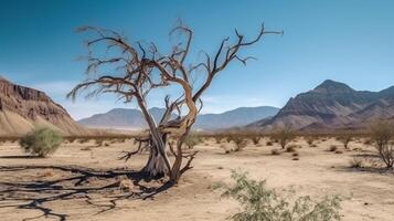 eenzaam dood boom in een woestijn Oppervlakte tegen de backdrop van bergen en een blauw lucht. droogte concept ai gegenereerd foto