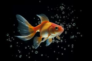 speels goudvis slagen klein bubbels in de water ai gegenereerd foto
