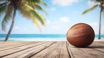 leeg houten bord met kokosnoot boom en zee zomer achtergrond ai gegenereerd foto