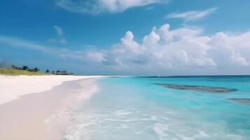 een strand met een blauw lucht en wit wolken. generatief ai foto