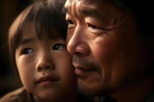 gelukkig Aziatisch vader en zoon op zoek Bij elk andere in de park. generatief ai foto