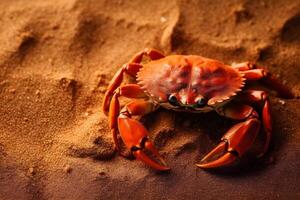 een rood krab Aan de zand oppervlak. generatief ai foto