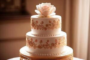 deze verbijsterend bruiloft taart is zeker naar indruk maken met haar ingewikkeld roos decoraties en torenhoog niveaus. perfect voor ieder elegant viering. ai gegenereerd. foto