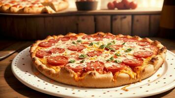peperoni pizza met krokant korst. ai gegenereerd. foto