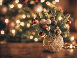 indruk van wijnoogst Kerstmis decoraties Aan een houten tafel . ai gegenereerd. foto