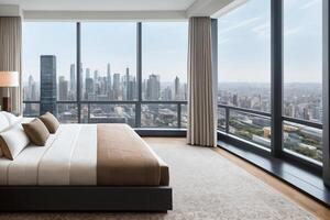 verhoogd leven luxe penthouse slaapkamer met horizon stad visie. ai gegenereerd. foto