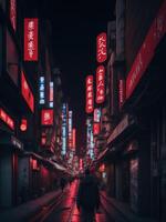 illustratie van een eenzaam figuur wandelen naar beneden een donker stedelijk straat Bij nacht gemaakt met generatief ai technologie foto