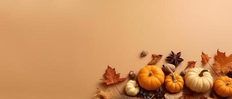 feestelijk herfst en gelukkig dankzegging decor van pompoenen, bessen en bladeren. ai gegenereerd. foto