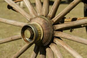 oud houten wiel en sulky bronzen in de veld- foto