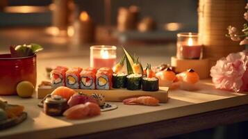 ai gegenereerd. elegant samenstelling van levendig sushi broodjes Aan houten bord. vitrine de listig presentatie en vers smaken van Japans keuken. foto