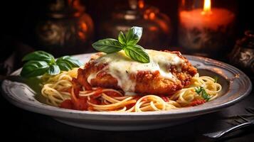 ai gegenereerd. prachtig geplateerd kip Parmezaanse kaas Aan vintagegeïnspireerd keramisch bord. goudbruine gepaneerd kotelet met tomaat saus en gesmolten kaas. kant van spaghetti, vers basilicum. foto