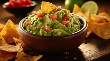 ai gegenereerd. kom van vers gemaakt guacamole, levendig groen met romig textuur. omgeving het zijn tortilla chips, limoen wiggen, en kleurrijk in blokjes gesneden tomaten en uien. vastleggen de versheid. foto