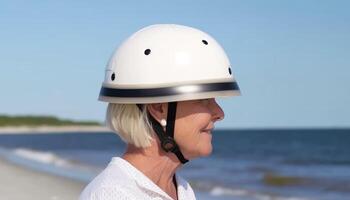 een vrouw lachend, op zoek weg, vervelend blauw sport- helm buitenshuis gegenereerd door ai foto