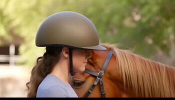 jong Dames bonding met hengst buitenshuis in landelijk zomer boerderij gegenereerd door ai foto