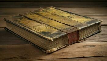 oude Bijbel Aan hout tafel aan het leren Christendom verouderd wijsheid gegenereerd door ai foto