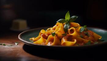 gezond vegetarisch pasta maaltijd met vers tomaat saus en Parmezaanse kaas kaas gegenereerd door ai foto