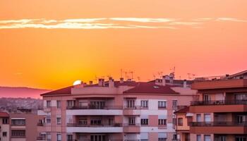 silhouet van modern wolkenkrabbers tegen kleurrijk zonsondergang horizon panorama gegenereerd door ai foto