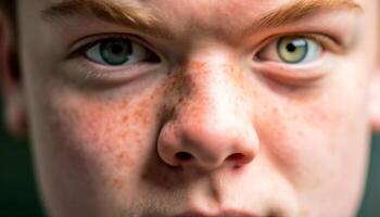 schattig Kaukasisch jongen buitenshuis op zoek Bij camera met blauw ogen gegenereerd door ai foto