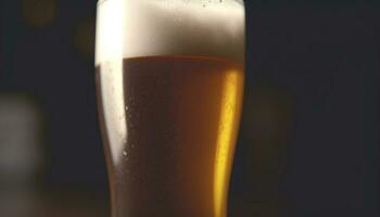 schuimig bier laten vallen in goud pint glas, verfrissend verkoudheid verfrissing gegenereerd door ai foto