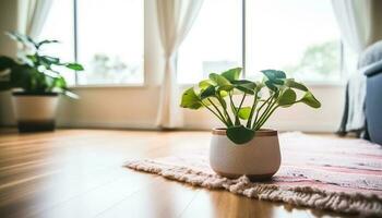 comfortabel modern leven kamer met vers bloem boeket Aan tafel gegenereerd door ai foto