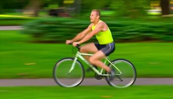 gespierd Mens wielersport door Woud, genieten van gezond buitenshuis werkzaamheid gegenereerd door ai foto