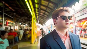 zelfverzekerd zakenman staand in metro station, op zoek Bij camera gegenereerd door ai foto