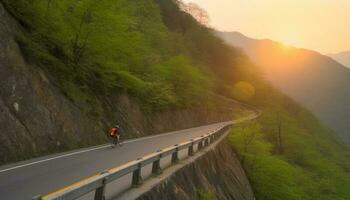 een persoon wielersport door berg landschap, genieten van buitenshuis avontuur gegenereerd door ai foto