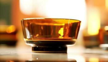 luxe whisky glas gloeit in bar verlicht geel vlam gegenereerd door ai foto