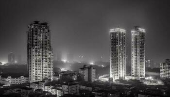 modern wolkenkrabbers verlichten de druk stad horizon Bij schemer gegenereerd door ai foto