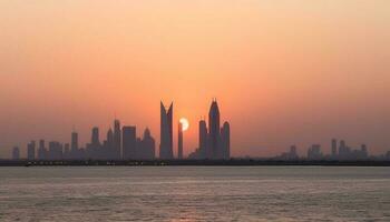 modern Dubai horizon weerspiegelt Aan waterkant Bij schemering, verlichte geel gegenereerd door ai foto