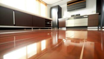 modern huiselijk keuken met schoon staal huishoudelijke apparaten en glimmend vloeren gegenereerd door ai foto