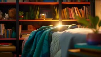 modern slaapkamer met comfortabel bed, boek verzameling, en elektrisch lamp gegenereerd door ai foto