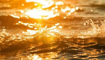 zonsondergang Golf weerspiegelt levendig geel schoonheid Aan rustig water oppervlakte gegenereerd door ai foto