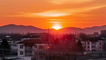 silhouet van wolkenkrabbers tegen rustig zonsondergang, schoonheid in stad leven gegenereerd door ai foto