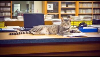 schattig katje zittend Aan bureau, op zoek Bij computer scherm gegenereerd door ai foto