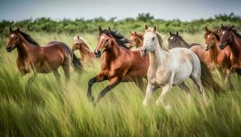 rennen volbloed hengst schaafwonden in groen weide van landelijk boerderij gegenereerd door ai foto