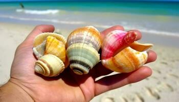 zomer vakantie Holding een verzameling van schelpen Aan zanderig kustlijn gegenereerd door ai foto