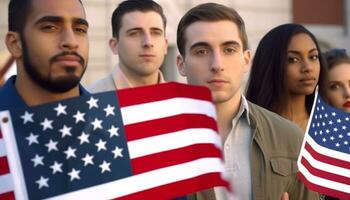 jong volwassenen van verschillend etniciteit vieren Amerikaans trots en eenheid gegenereerd door ai foto