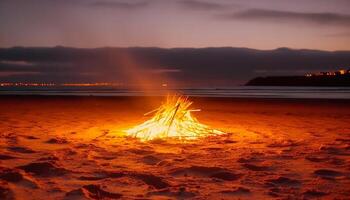 zonsondergang vlam brandend Aan rustig zeegezicht, natuur schoonheid in beweging gegenereerd door ai foto