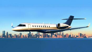 vliegend luxe reclame vliegtuig nemen uit over- stedelijk wolkenkrabbers gegenereerd door ai foto
