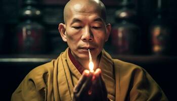 een persoon mediteren, Holding kaars, beoefenen Boeddhisme in rustig tafereel gegenereerd door ai foto