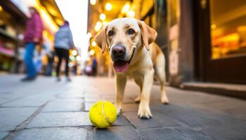 een schattig geel retriever spelen met een tennis bal buitenshuis gegenereerd door ai foto