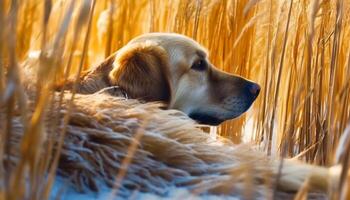 een schattig jong gouden retriever zittend in de gras buitenshuis gegenereerd door ai foto