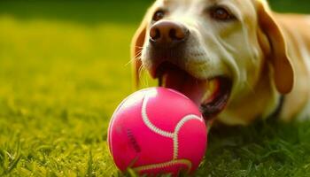 schattig puppy spelen met tennis bal in zonnig met gras begroeid weide gegenereerd door ai foto