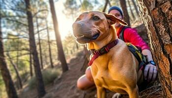 Kaukasisch Mens wandelingen loyaal labrador door zonnig herfst Woud gegenereerd door ai foto