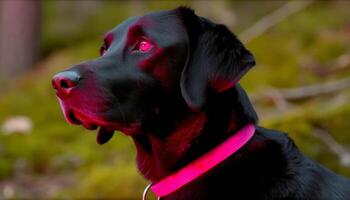 rasecht labrador zittend in gras, op zoek Bij camera met loyaliteit gegenereerd door ai foto