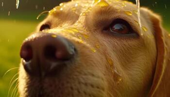 speels labrador druppels nat snuit Aan gras, vriendschap met hond gegenereerd door ai foto