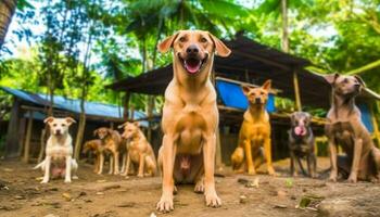 gelukkig pups Speel in rij, vrolijk familie geniet natuur voedsel gegenereerd door ai foto